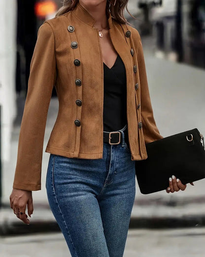 Faux Suede Stand Collar Jacket Open Front Button Decor Casual Coat