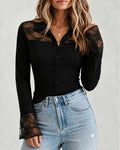 Women's Sheer Lace Patchwork Button Down Shirt Flare Sleeve Slim Fit Top