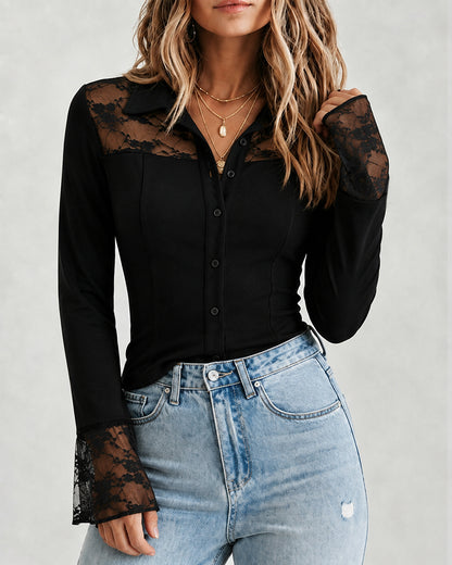 Women's Sheer Lace Patchwork Button Down Shirt Flare Sleeve Slim Fit Top