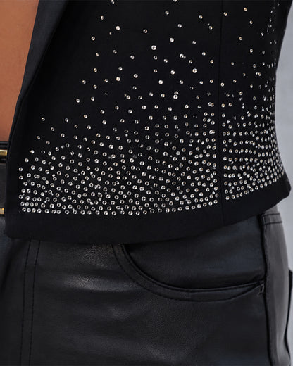 Women's Sparkly Rhinestone Cropped Blazer Open Front Lapel Party Jacket