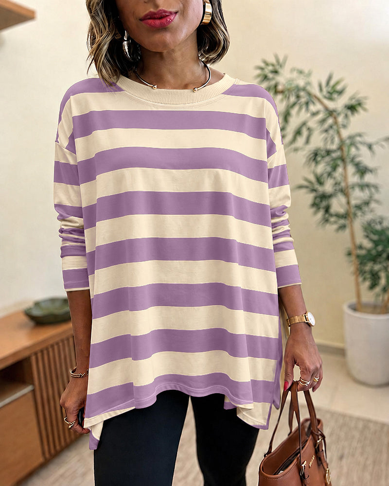 Women's Striped T Shirt Long Sleeve Drop Shoulder Crewneck Tee Side Slit Casual Loose Fit Top