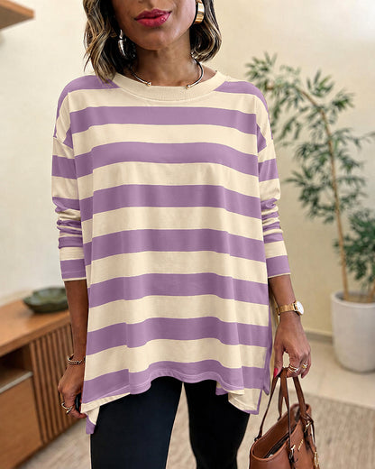 Women's Striped T Shirt Long Sleeve Drop Shoulder Crewneck Tee Side Slit Casual Loose Fit Top