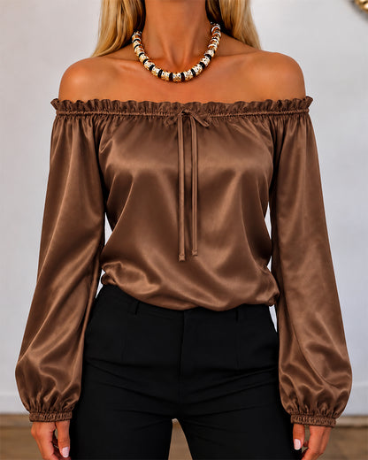 Women's Off Shoulder Satin Frill Trim Tie Front Lantern Sleeve Top