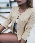 Women's French Style Cropped Jacket Round Neck Gold Button Coat Argyle Cable Jacquard Knit Outerwear
