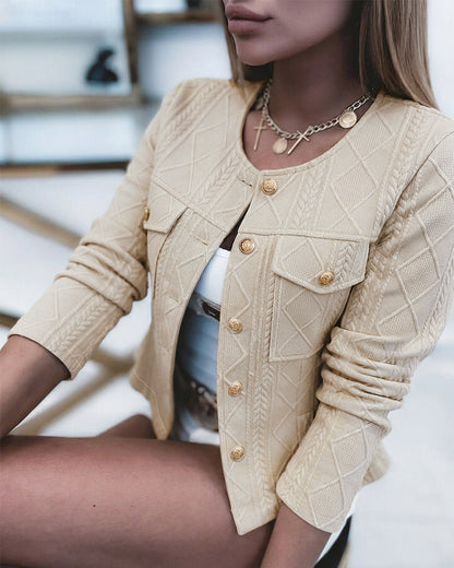 Women's French Style Cropped Jacket Round Neck Gold Button Coat Argyle Cable Jacquard Knit Outerwear