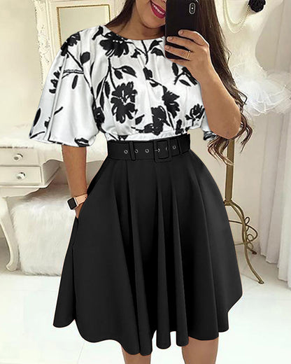 2 Pieces Outfit Colorblock Floral Print Bell Sleeve Hollow-out Back Shirred Back Hem Top and Casual A-line Skirt Set with Belt