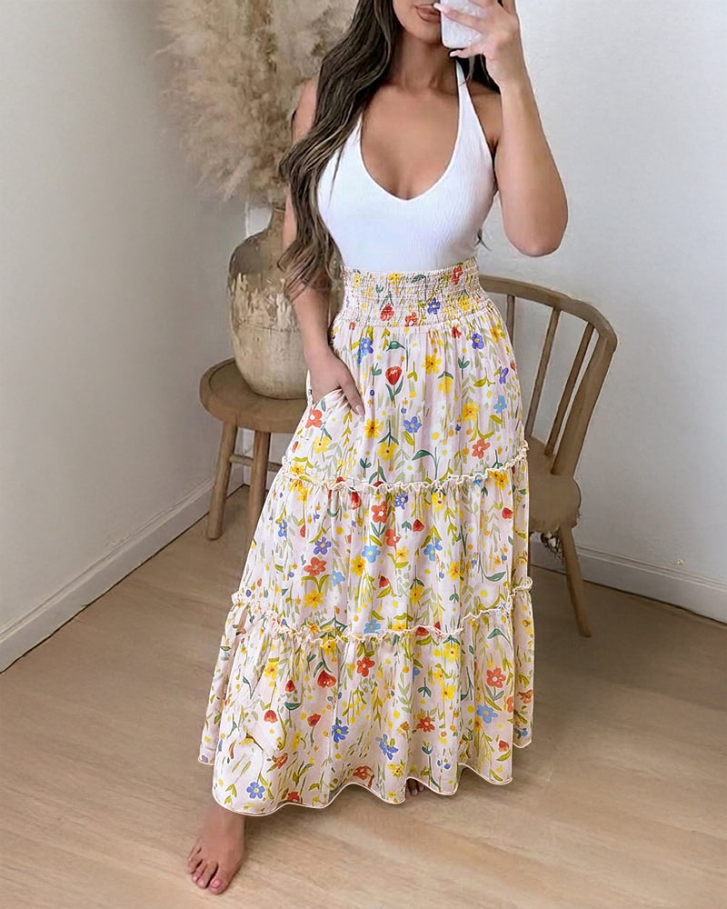 Women's High Waisted Shirred Floral Maxi Skirt Casual Ruffle Hem A-Line Skirt with Pockets