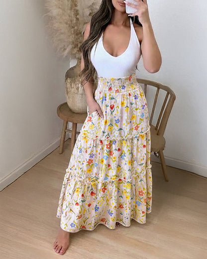 Women's High Waisted Shirred Floral Maxi Skirt Casual Ruffle Hem A-Line Skirt with Pockets