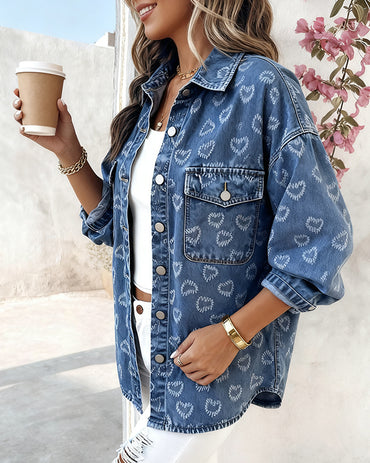 Vintage Heart Jacquard Turn-down Collar Button Front Asymmetrical Hem Jacket Casual Flap Pockets Design Washed Denim Coat