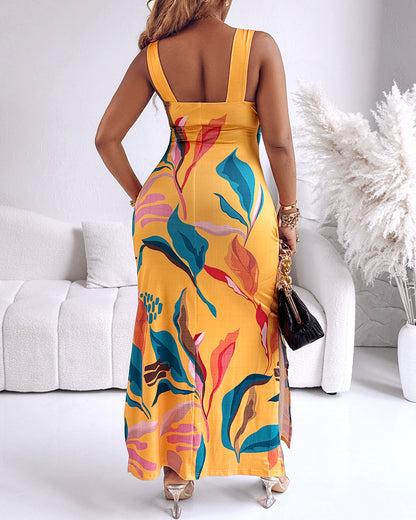 Tropical Print Thick Strap U-neckline Slim Fit Slit Maxi Dress Vocation Dress with Pockets