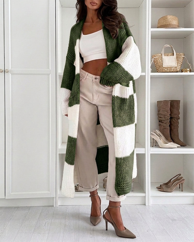Women's Checkerboard Knit Cardigan Oversized Long Chunky Sweater Loose Lantern Sleeve Coat with Pockets