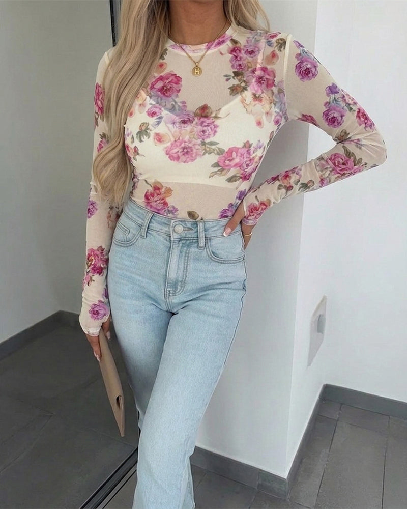 Women's Floral Print Sheer Mesh Top Long Sleeve Slim Fit Crewneck Layering Top with Thumb Hole Cuffs