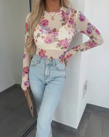 Women's Floral Print Sheer Mesh Top Long Sleeve Slim Fit Crewneck Layering Top with Thumb Hole Cuffs