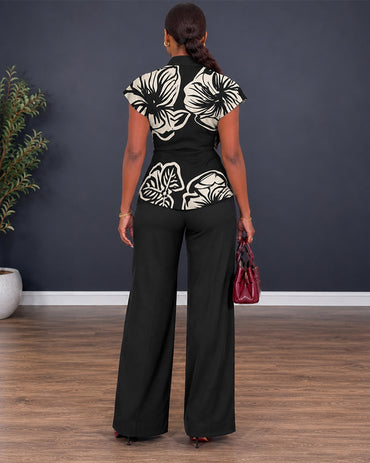 Women's 2 Piece Outfit Floral Print Twist Front V Neck Top and High Waist Wide Leg Pants Set