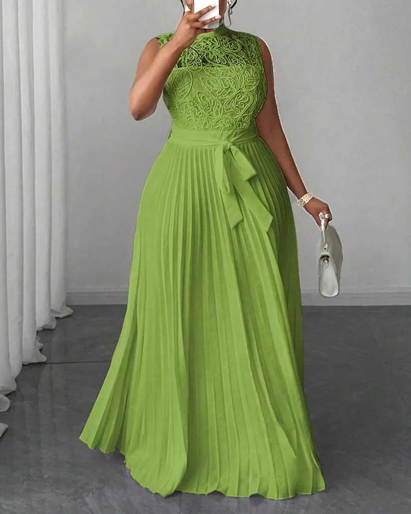 Mock Neck Sleeveless high Waist Pleated Maxi Dress Elegant Lace & Braided Spliced Zipper Back Evening Dress with Belt