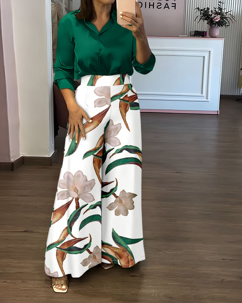 2 Pieces Outfit Turn-down Collar Long Sleeve Button Front Satin Shirt and Casual Vintage Floral Print Elastic Back Waist Wide Leg Pants Set without Belt