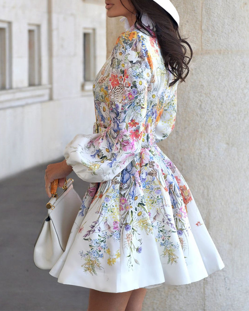 French Style Floral Print Stand Collar Lantern Sleeve Mixed-shape Button Down Dress Elegant Palace Style Cinched Waist Umbrella Hem Dress with Belt