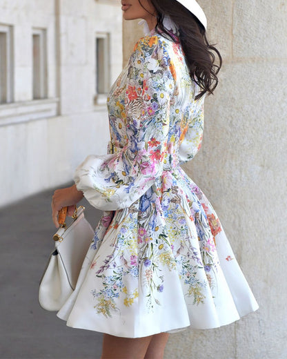 French Style Floral Print Stand Collar Lantern Sleeve Mixed-shape Button Down Dress Elegant Palace Style Cinched Waist Umbrella Hem Dress with Belt