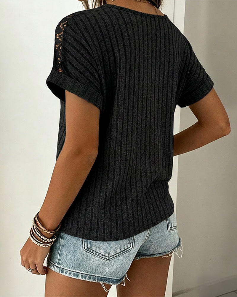Lace Spliced Round Neck Rolled Cuffs Tee Casual Short Sleeve Ribbed Brushed Top
