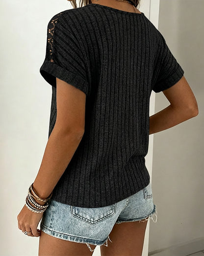 Lace Spliced Round Neck Rolled Cuffs Tee Casual Short Sleeve Ribbed Brushed Top