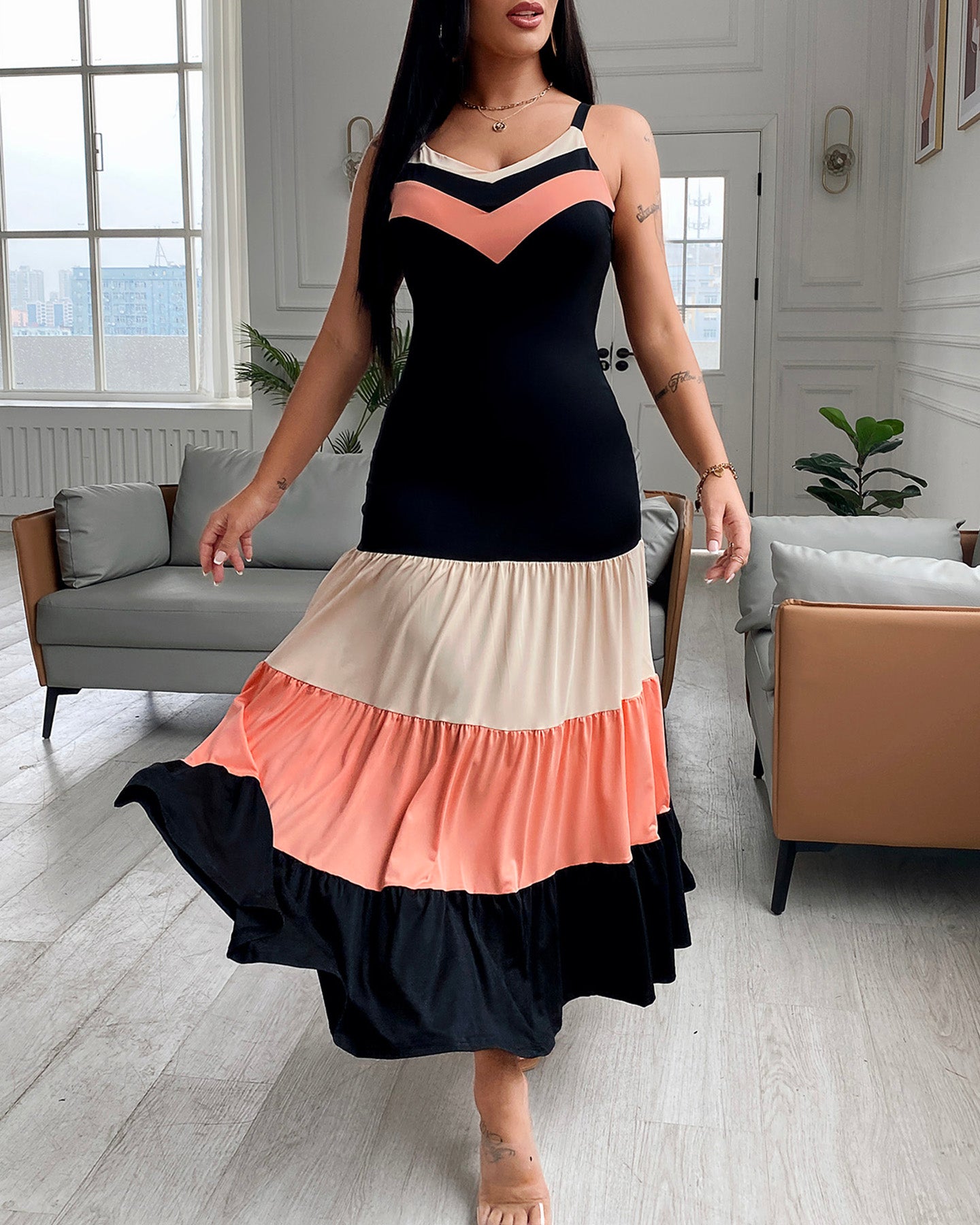 Spaghetti Strap Colorblock Ruched Ruffles Maxi Dress
