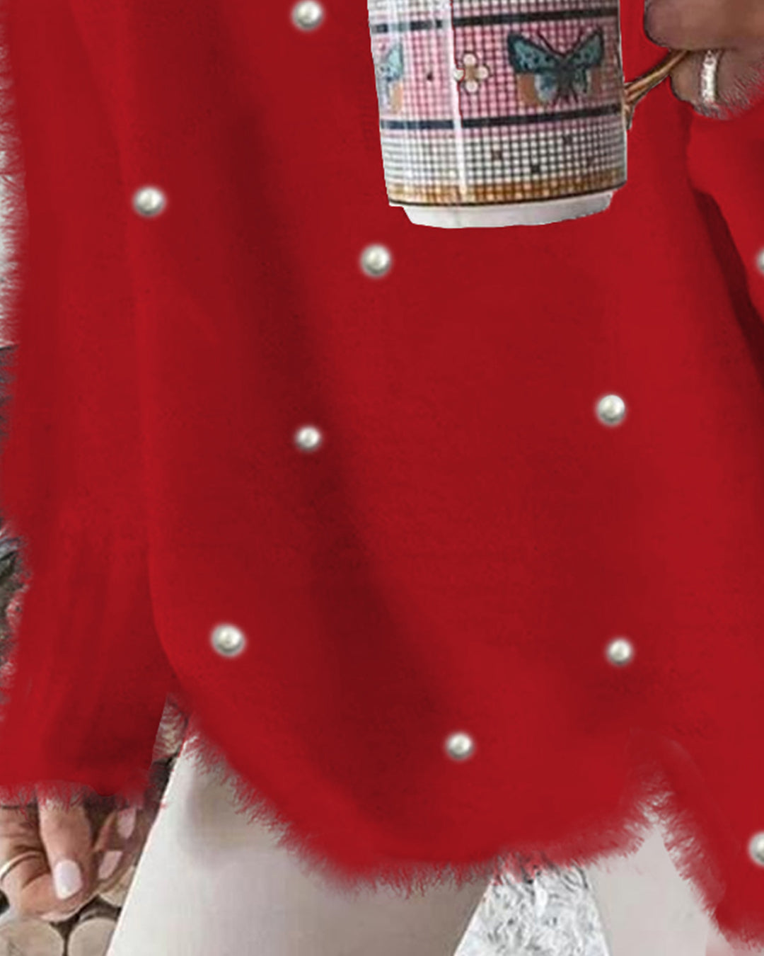 V Neck Long Sleeve Beaded Decor Oversized Sweater Fluffy Pullover Top