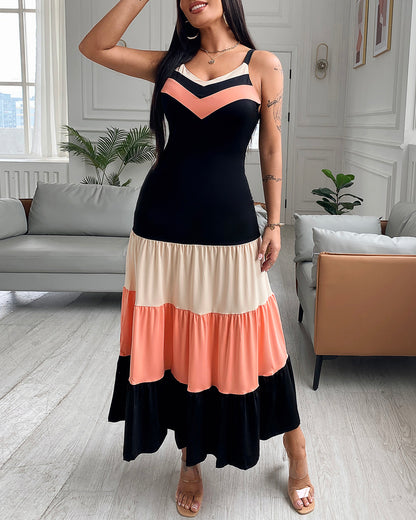 Spaghetti Strap Colorblock Ruched Ruffles Maxi Dress