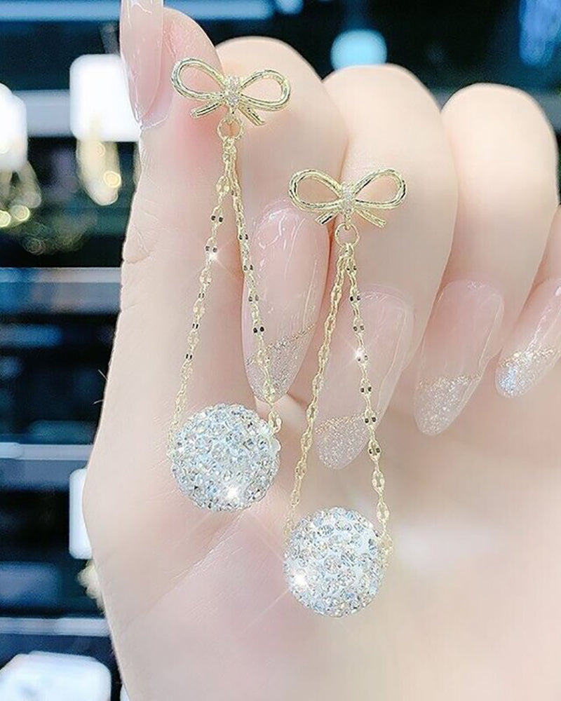 1Pair Bowknot Ball Pattern Rhinestone Drop Earrings