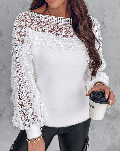 Crewneck Guipure Lace Long Sleeve Hollow Out Knit Sweaters Pullover Tops
