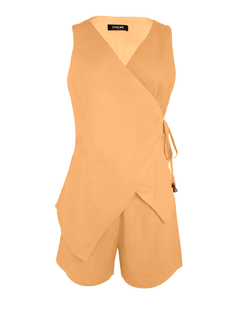 2 Pieces Outfit Plain Wrap V Neck Criss Cross Tied Detail Linen Top and Casual Pockets Patch Shorts Set