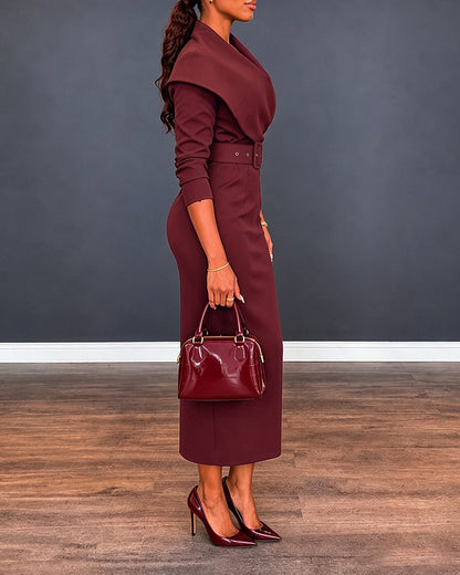 Women's Lapel Collar Wrap V-Neck Long Sleeve Slit Midi Dress with Belt
