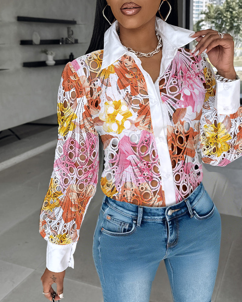 Tie Dye Print Turn-down Collar Long Sleeve Button Front Shirt Casual Hollow-out Top