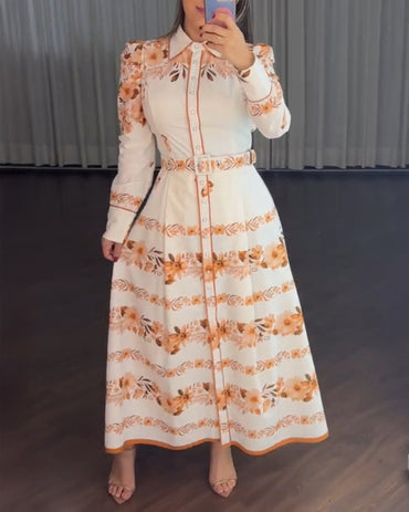 Floral Placement Print Turn-down Collar Puff Sleeve Vacation Dress Casual Button Down Shirt Dress With Belt and Lining