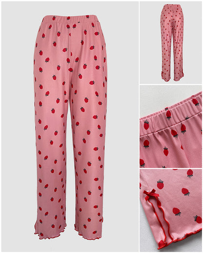 2 Pieces Outfit Bowknot Decor Turn-down Collar V-Neck Top and Elastic Waist Slit Hem Pants Set Casual Strawberry Print Frill Trim Ribbed Pajamas Set