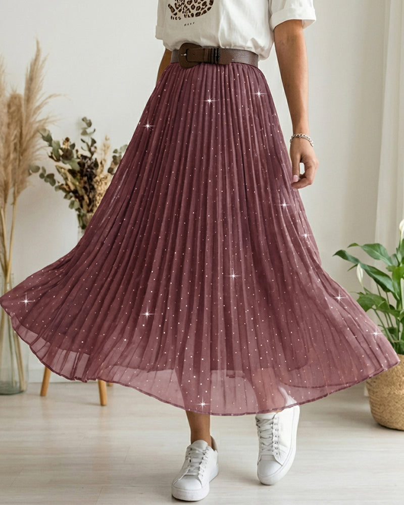 Women's High Waisted Pleated Midi Skirt Rhinestone Embellished A-Line Skirt Sparkling Elastic Waist Party Skirt