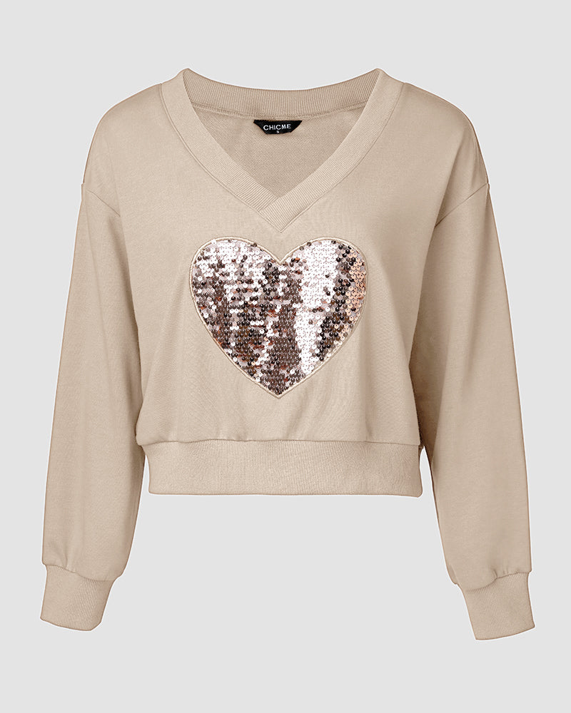 2 Piece Contrast Sequin Heart Pattern V-Neck Sweatshirt Leopard Print Sleeveless Tank Dress Set