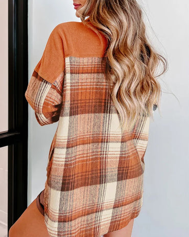 Women's Colorblock Plaid Spliced Shacket Loose Button Down Jacket
