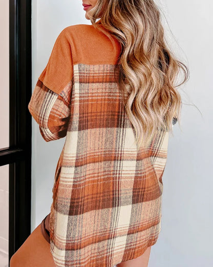 Women's Colorblock Plaid Spliced Shacket Loose Button Down Jacket