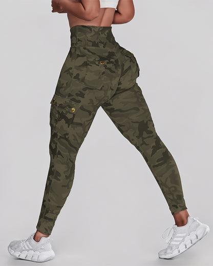 Camouflage Print High Waist Skinny Leggings with Cargo Flap Pockets Casual Pants