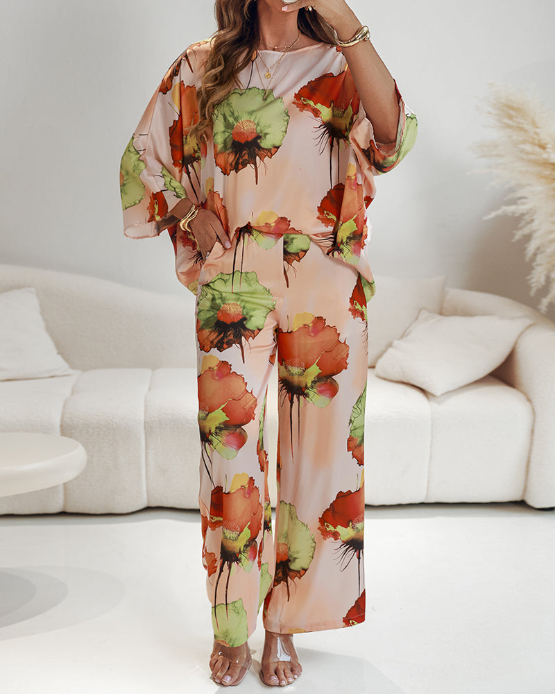 2 Pieces Outfit Floral Print Skew Neck Batwing Sleeve Top and Casual Elastic Wasit Wide Leg Pants Set
