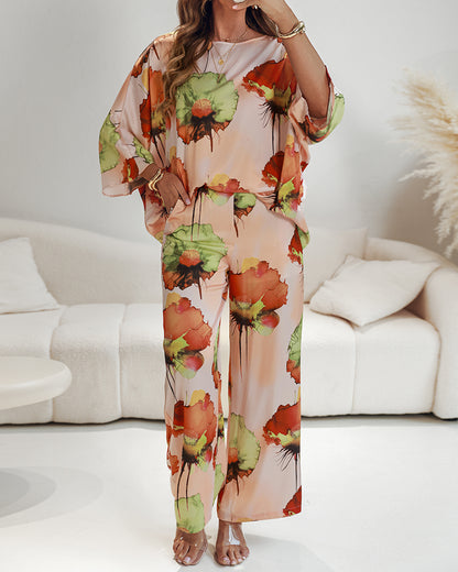 2 Pieces Outfit Floral Print Skew Neck Batwing Sleeve Top and Casual Elastic Wasit Wide Leg Pants Set