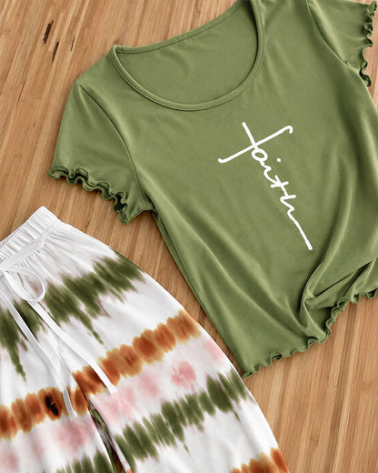 Women's Two Piece Pajama Set Faith Letter Print Short Sleeve Top and Tie Dye Straight Leg Pants Casual Lounge Set