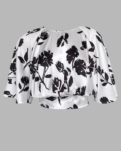 2 Pieces Outfit Colorblock Floral Print Bell Sleeve Hollow-out Back Shirred Back Hem Top and Casual A-line Skirt Set with Belt