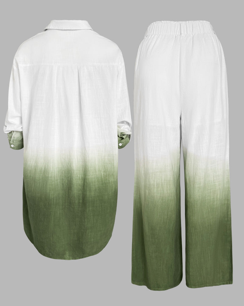 2 Pieces Outfit Ombre Print Long Sleeve Blouse And Casual High Waist Wide Leg Pants Set (Without Belt)