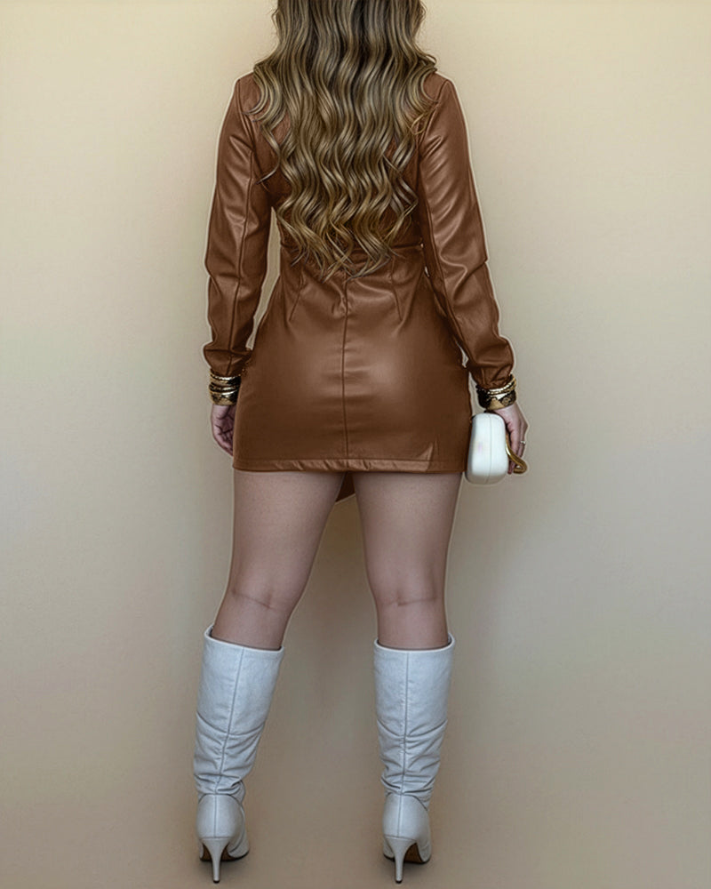 Long Sleeve Notched Collar Asymmetrical Patch Spliced Front Faux Two Piece Bodycon Dress Casual Waist Metal Button Decor Ruched Zipper Back PU Leather Dress