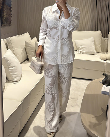 2 Pieces Outfit Jacquard Floral Turn-down Collar Button Front Pockets Design Top and Casual Elastic Back Waist Pants Set With Lining