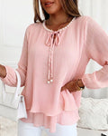 Women's Pleated Chiffon Blouse Elegant Pearl Tie Neck Shirt Long Sleeve Tiered Ruffle Hem Top
