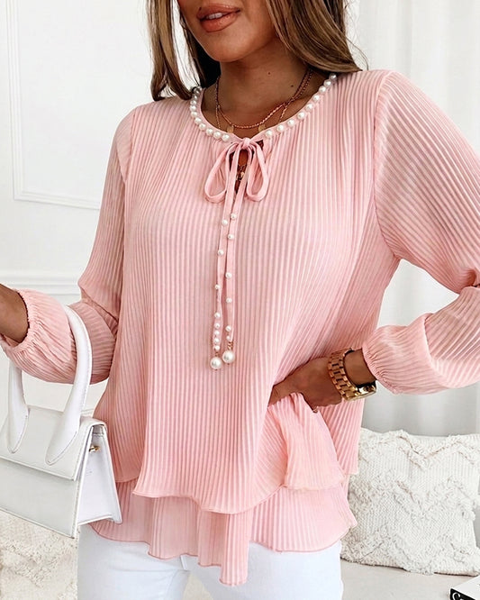 Women's Pleated Chiffon Blouse Elegant Pearl Tie Neck Shirt Long Sleeve Tiered Ruffle Hem Top