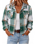 Women's Plaid Detachable Drawstring Hooded Lapel Cropped Jacket