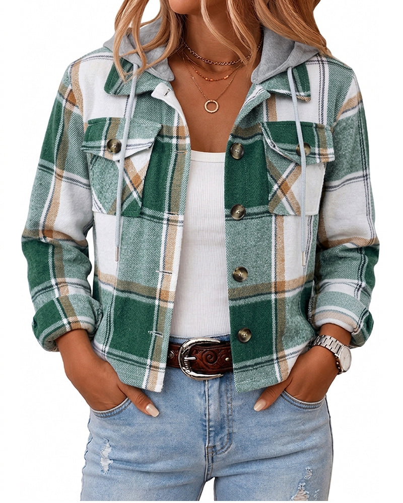 Women's Plaid Detachable Drawstring Hooded Lapel Cropped Jacket